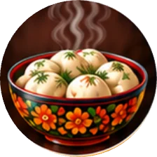 A painted Khokhloma bowl of steaming Russian dumplings