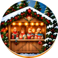 A snowy Christmas market stall filled with nesting dolls