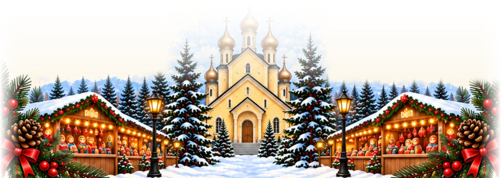 Illustration of a golden-domed Orthodox church among snowy fir trees, with lantern-lit Christmas market stalls on either side